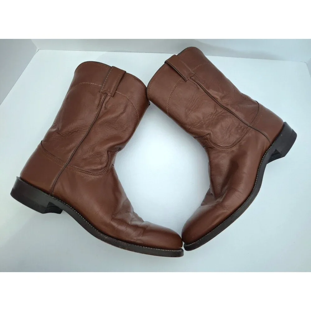 Vintage Justin Boots Men's 10.5 A Brown Leather Roper Western Cowboy Made In USA